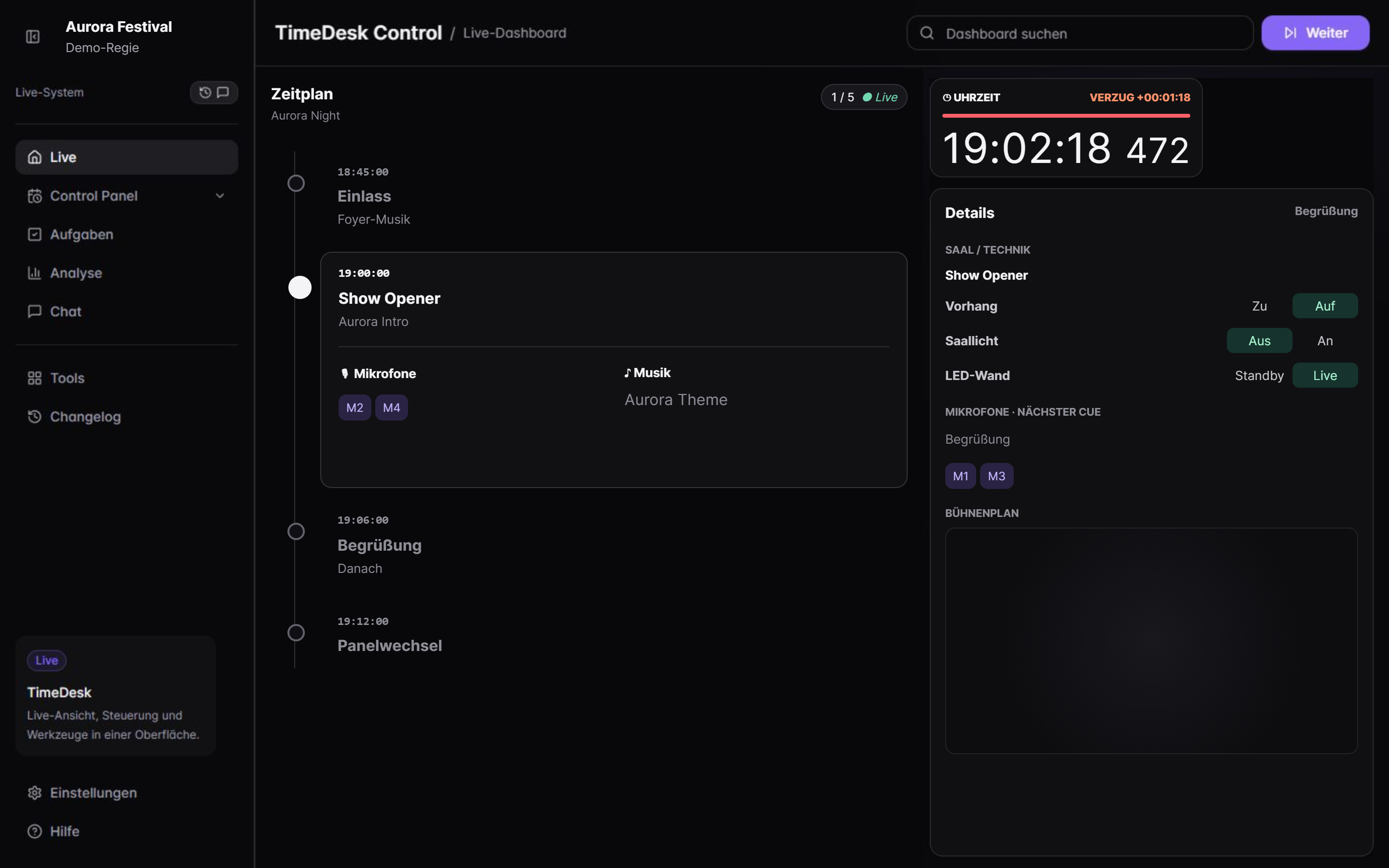 TimeDesk Live Dashboard mit Eventablauf und Teamstatus